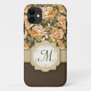 Gold Yellow Roses on Brown with Monogram iPhone 11 Case