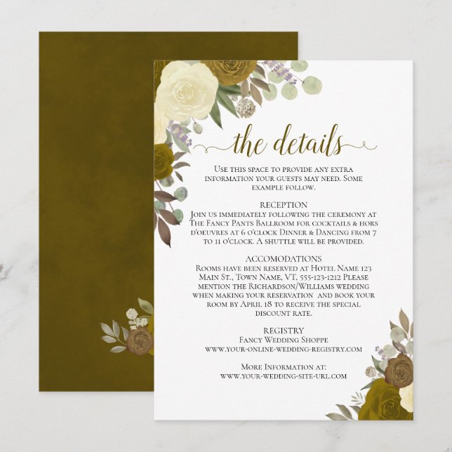 Gold & Yellow Roses Rustic Boho Wedding Details Enclosure Card (Front/Back)
