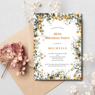Gold Yellow Watercolor Floral Green 50th Birthday Invitation