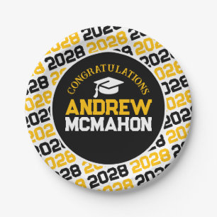Gold Yellow, White & Black Graduation Personalised Paper Plate