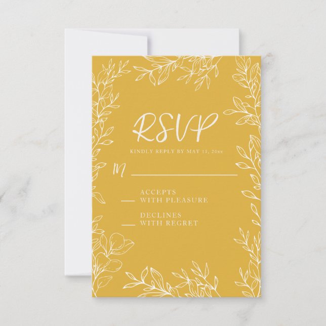 Gold Yellow White Botanical Line Art Wedding RSVP Card (Front)