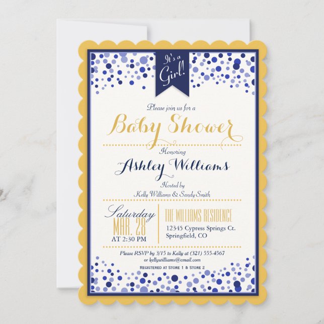 Gold Yellow, White, & Navy Blue Baby Shower Invitation (Front)