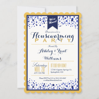 Gold Yellow, White, Navy Blue Housewarming Party Invitation