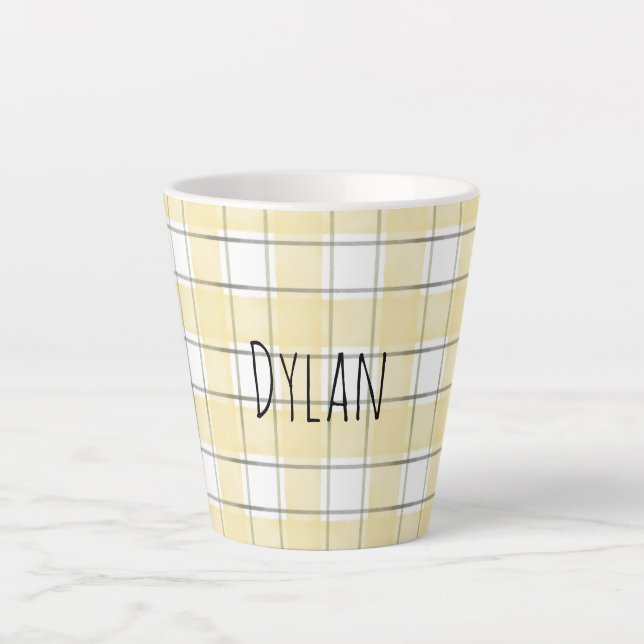 Gold Yellow White Plaid Stripes Latte Mug (Front)