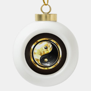Gold Yin Yang on black Ceramic Ball Christmas Ornament