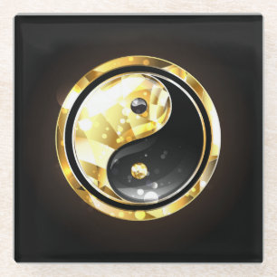 Gold Yin Yang on black Glass Coaster