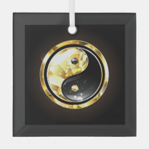 Gold Yin Yang on black Glass Tree Decoration