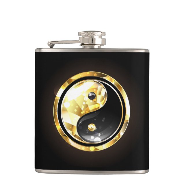Gold Yin Yang on black Hip Flask (Front)