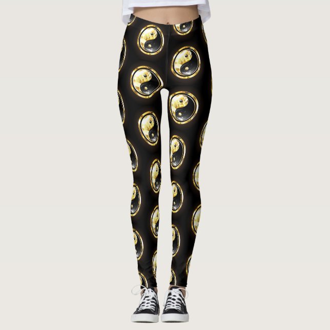 Gold Yin Yang on black Leggings (Front)
