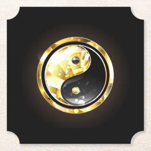Gold Yin Yang on black Paper Coaster