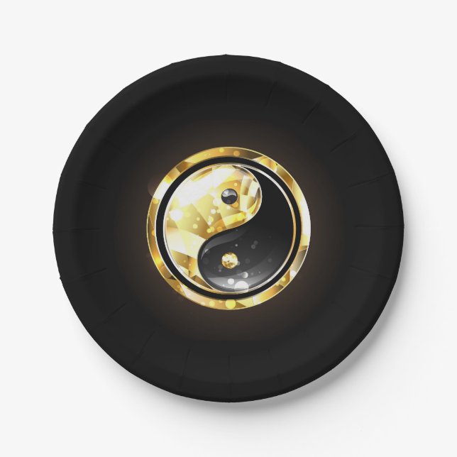 Gold Yin Yang on black Paper Plate (Front)