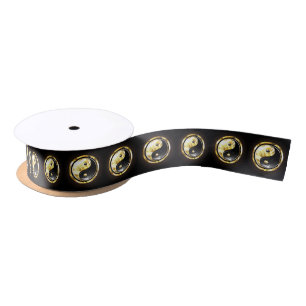 Gold Yin Yang on black Satin Ribbon