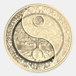Gold Yin Yang Tree of Life Artwork Classic Round Sticker