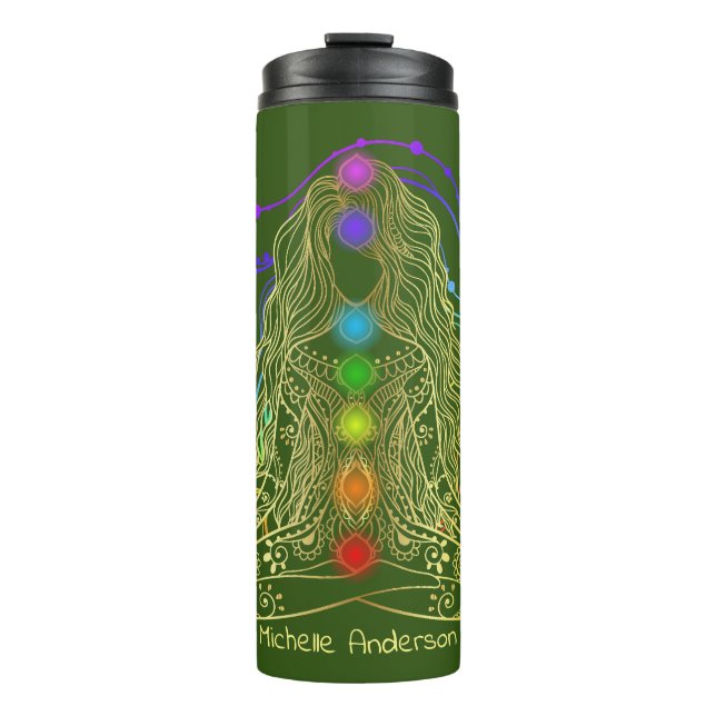 Gold Yoga Girl with Colourful Chakra Travel Mug (Front)