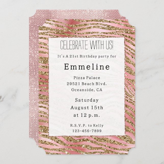 Gold Zebra Glitter Pink Fur Invitation (Front/Back)