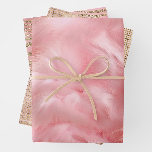Gold Zebra Glitter Pink Fur Wrapping Paper Sheet (In situ)