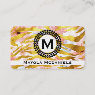 Gold Zebra Pattern   Pink Flowers Business Card