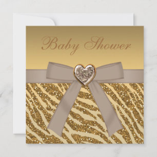 Gold Zebra Print Glitter & Heart Jewel Baby Shower Invitation