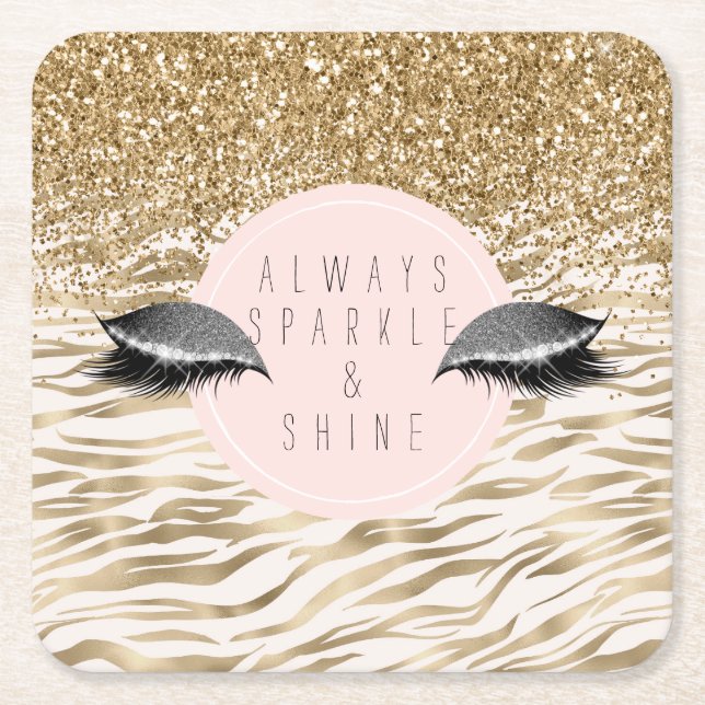 Gold Zebra Print Glitzy Eyes Square Paper Coaster (Front)