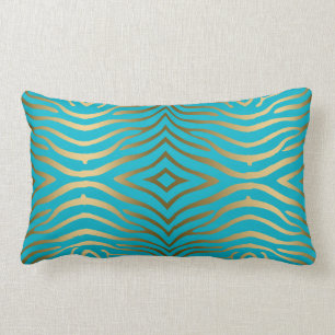 Gold Zebra Print On Turquoise Blue Lumbar Cushion