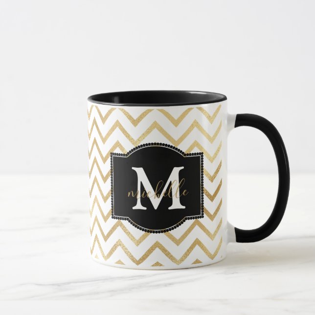 Gold Zig Zags Monogram Personalised Mug (Right)
