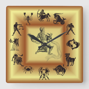 Gold  Zodiac ~ Astrological Signs ~ Aquarius ~ Square Wall Clock