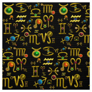 GOLD ZODIAC BIRTHDAY JEWELS,GEMSTONES,ASTROLOGY FABRIC