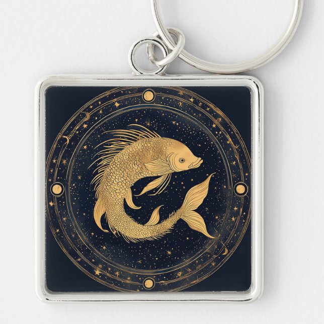 Gold Zodiac Pisces Illustration Key Ring (Front)