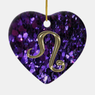 Gold Zodiac Sign Leo on Purple Glitter Ornament