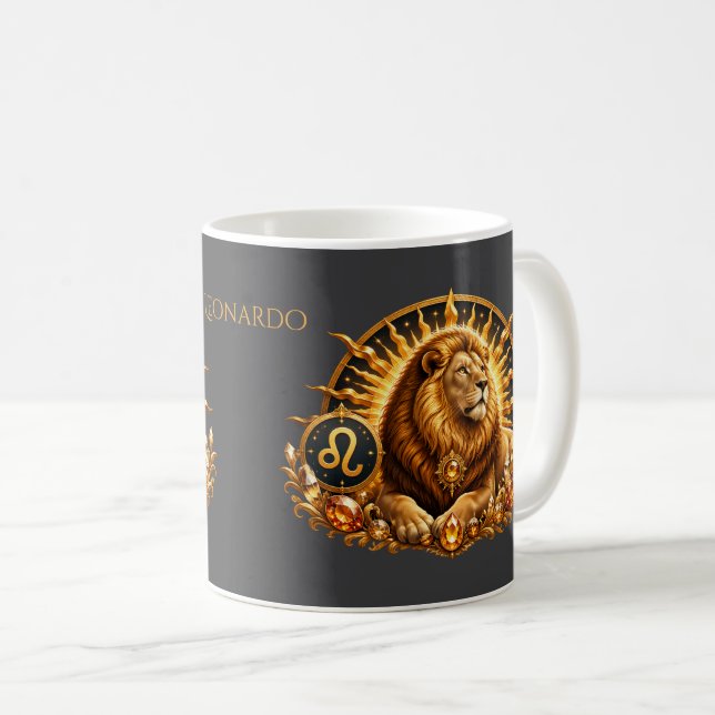 Gold Zodiac Sign Leo Personalised Coffee Mug (Front Right)
