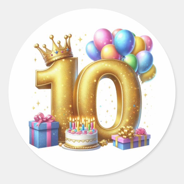 Golden 10th Birthday Classic Round Sticker (Front)