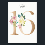 Golden 16 Floral Table Number Card<br><div class="desc">Golden number with soft pastel floral embelishment table number card. Personalise text font style,  size,  and colour.</div>