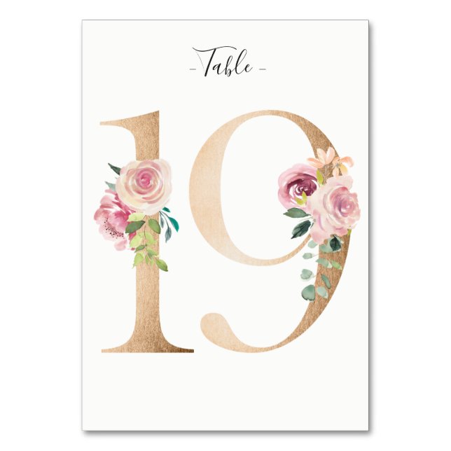 Golden 19 Floral Table Number Card (Front)