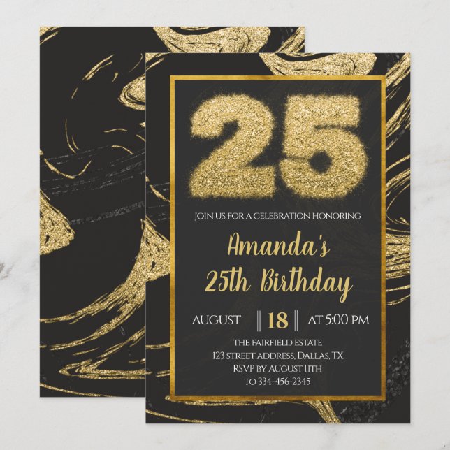 Golden 25th Birthday Invitation (Front/Back)