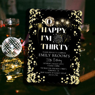 Golden 30th Birthday Sparkly Black Elegant Invitation