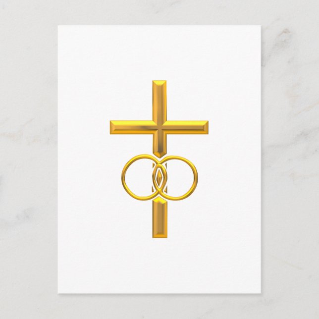 Golden 3-D Cross with Wedding Rings Postcard (Front)