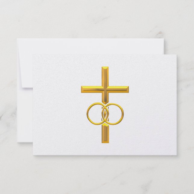 Golden 3-D Cross with Wedding Rings RSVP Card (Front)