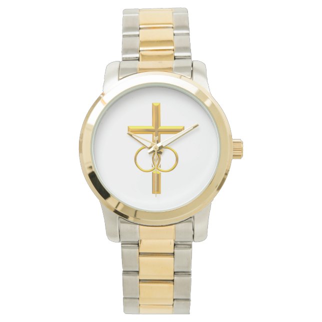 Golden 3-D Cross with Wedding Rings Watch (Front)