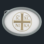 Golden "3-D" Jesus Christ: Conquers Oval Belt Buckle<br><div class="desc">Feel free to add your own words/pictures/background colour via Zazzle's great customisation tools.</div>