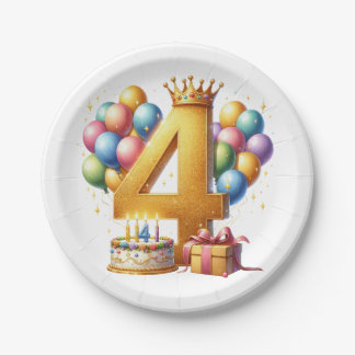 Golden 4th Birthday Paper Plate