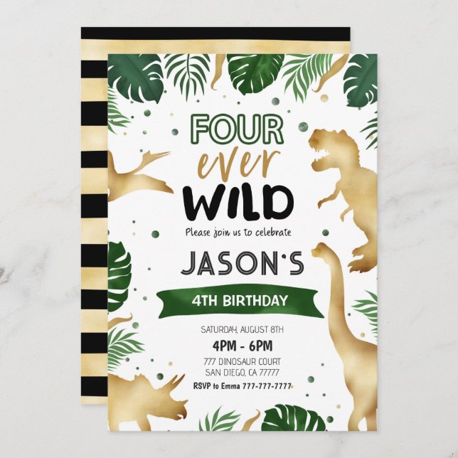 Golden 4th Dinosaur Birthday Party Invitation (Front/Back)