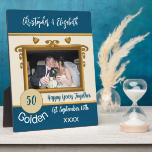Golden 50 years anniversary add names photo blue plaque