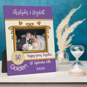 Golden 50 years anniversary add names photo purple plaque
