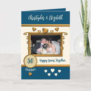 Golden 50th anniversary add photo names blue card