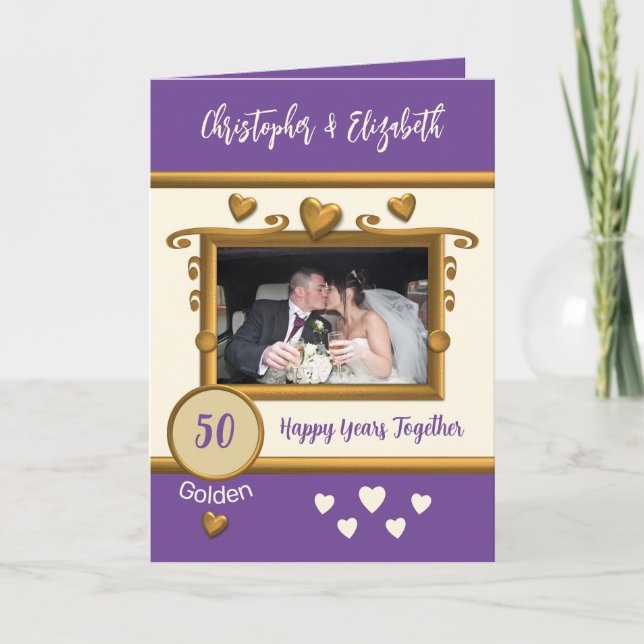 Golden 50th anniversary add photo names purple card (Front)