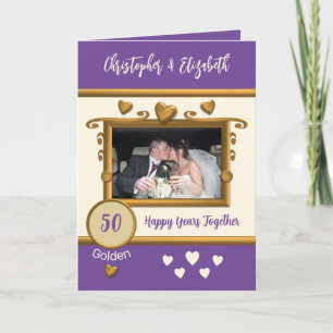 Golden 50th anniversary add photo names purple card