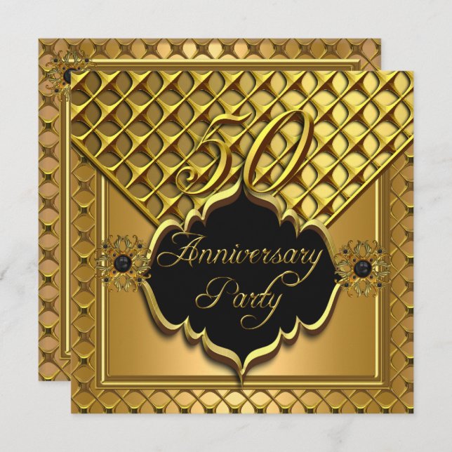 Golden 50th Anniversary Elite Elegant Black Gold Invitation (Front/Back)