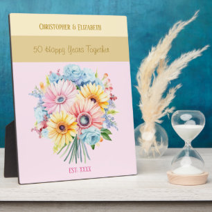 Golden 50th anniversary flowers names pink plaque