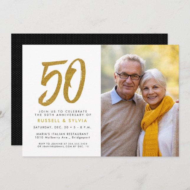 Golden 50th anniversary photo party invitation (Front/Back)