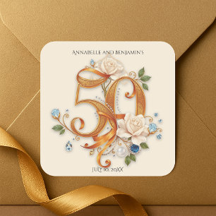 Golden 50th Anniversary Rose and Gemstones Square Sticker